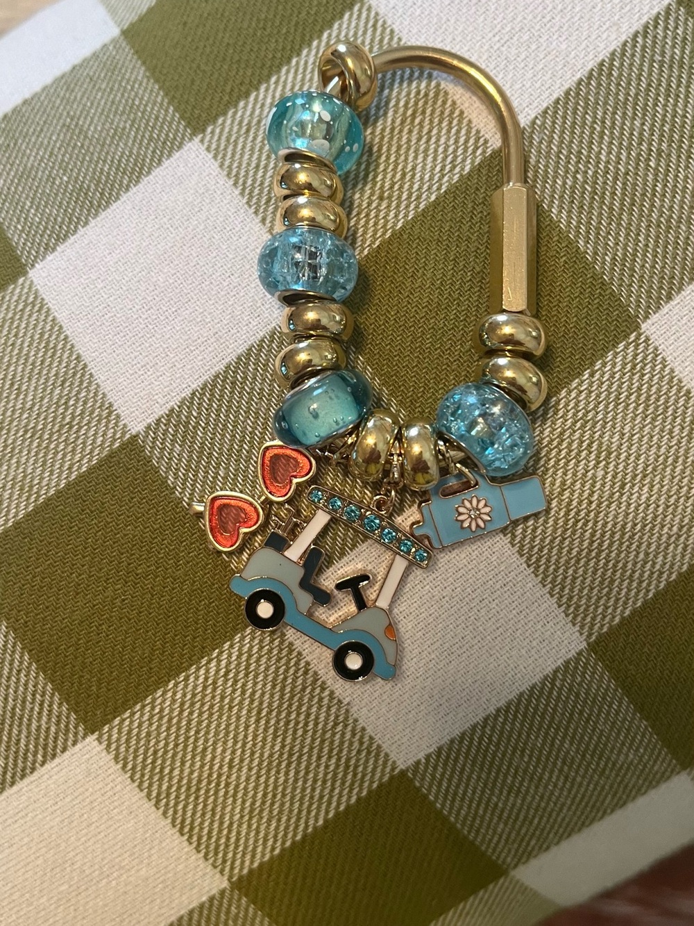 Caribina Blue Beaded Golf Cart Charm Keyring or purse charm.